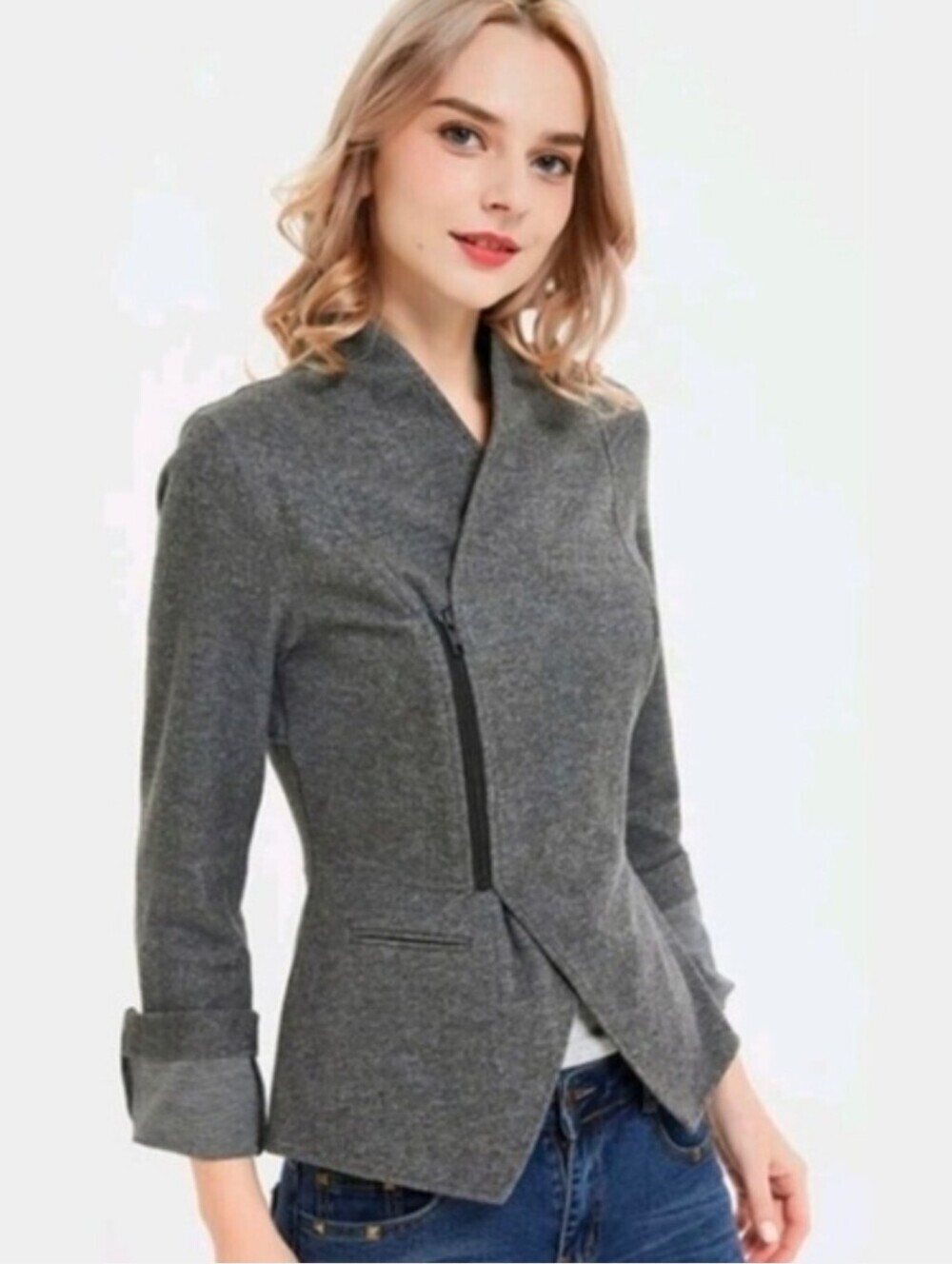 CAbi #3556 Gray Rebel Motto Asymmetrical Zip Up Ponte Knit Jacket Size small
